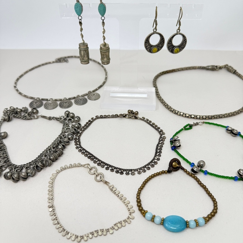 Vintage Middle Eastern‎ Jewelry Lot 9pc Anklets Bracelets Necklaces Earrings